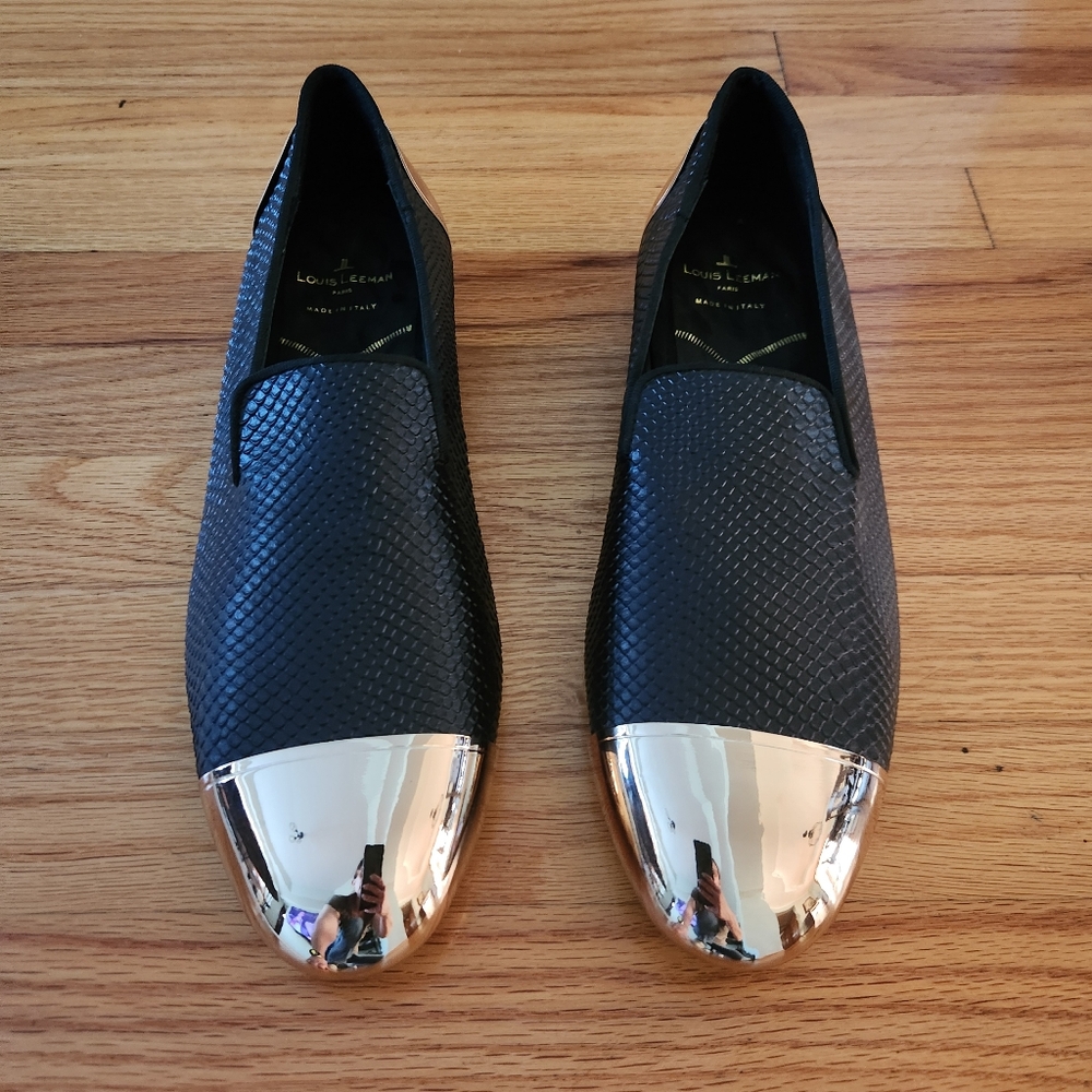 New Louis Leeman Men's Woven Black Gold Capped Loafer Shoes Size 44 US 1…